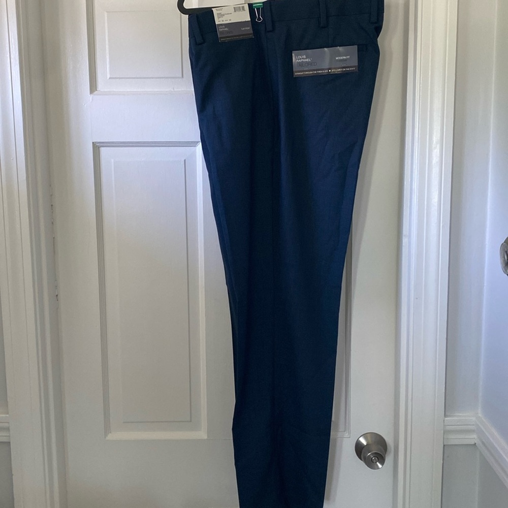 Louis Raphael modern fit midnight blue sharkskin flat front dress pants.